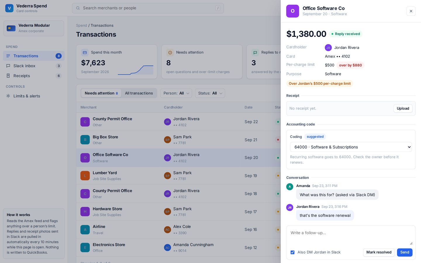 Charge detail: The reply from Slack, the suggested accounting code and the receipt in one panel