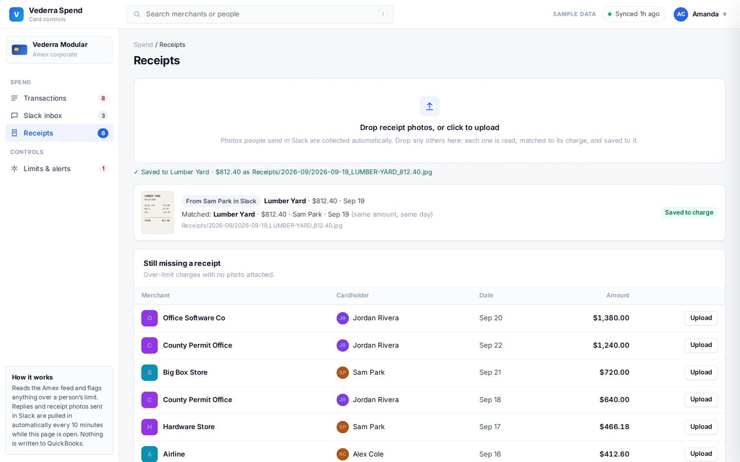 Receipts: Photos sent in Slack are read, matched to the charge and saved